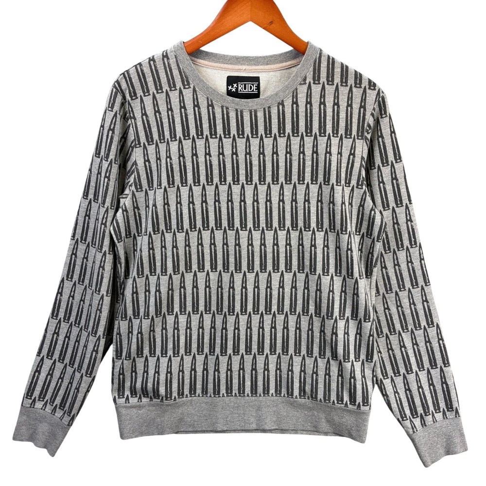 XXX Rude Sweatshirt Bullet Print Mens Medium Gray Crewneck Pullover Goth Punk